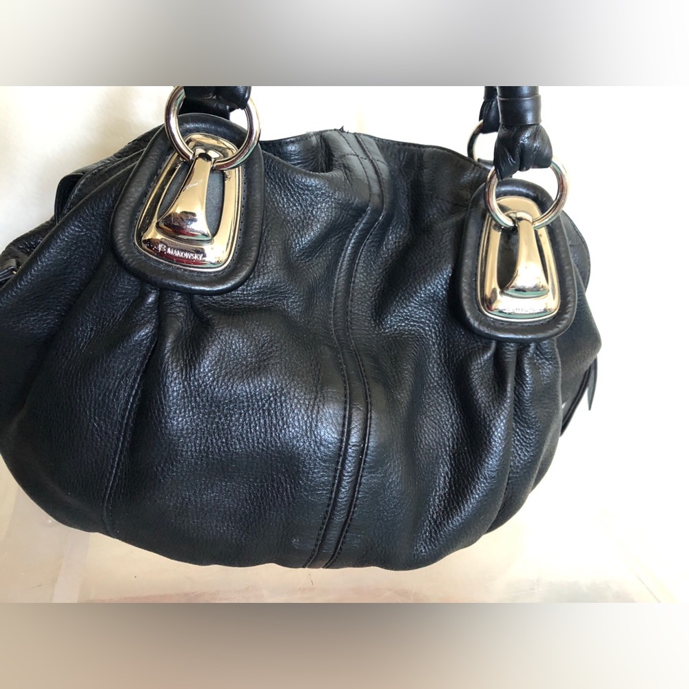 B. Makowsky Black Leather Shoulder Bag with Silver Accents